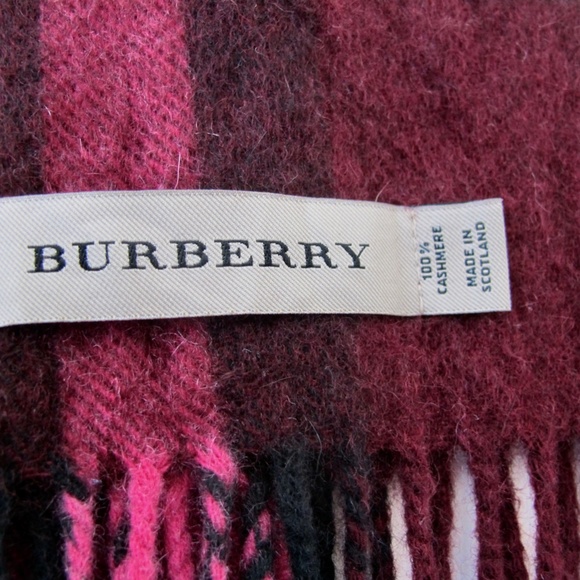 Burberry Scarf Rare Raspberry Cashmere Plaid Skinny Long Fringe made in Scotland - Picture 2 of 5